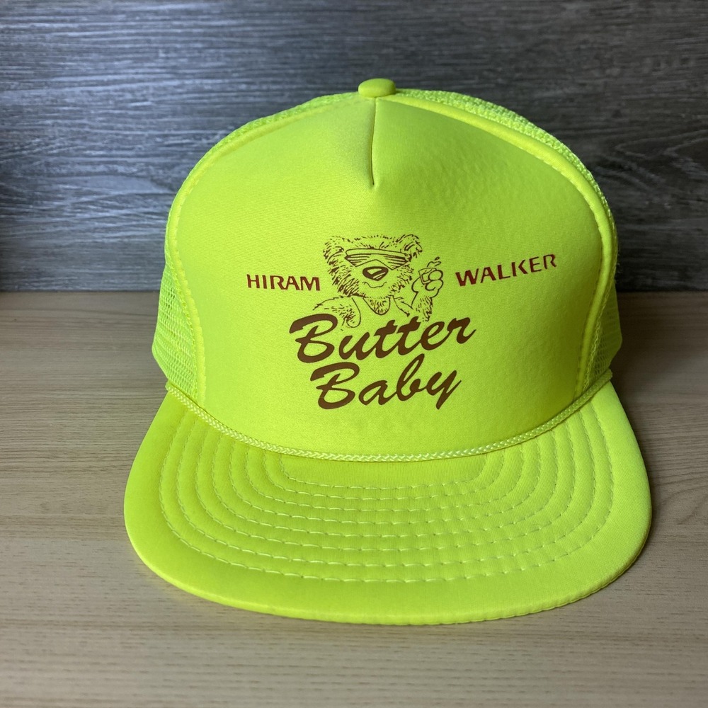 Vintage Hiram Walker Hat Cap Snap Back Yellow Mesh Trucker Butter Baby Promo 80s